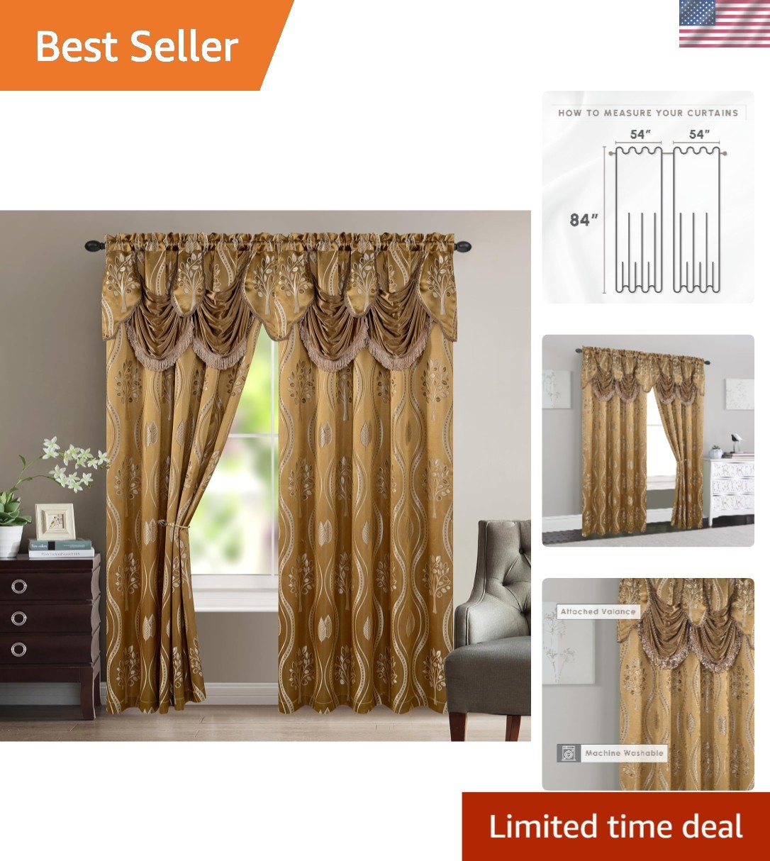Elegant Aurora Jacquard Look Curtain Set of 2 with Valance – 54” x 84” Taupe