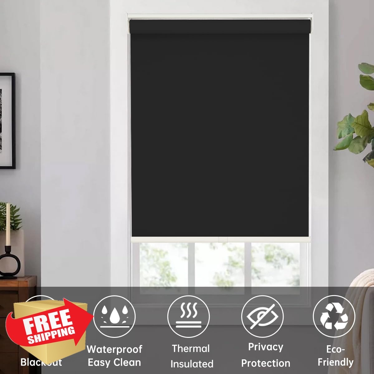 Changshade Blackout Roller Shades Black 40″x72″