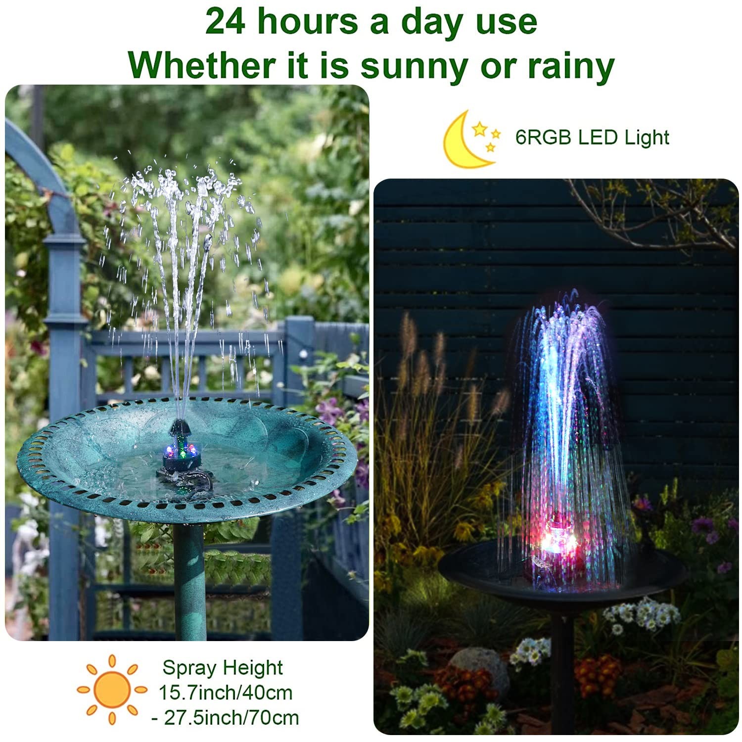 24hours Working Bird Bath Fountain Pump Adjustable Quiet Water Pump With Led Lig