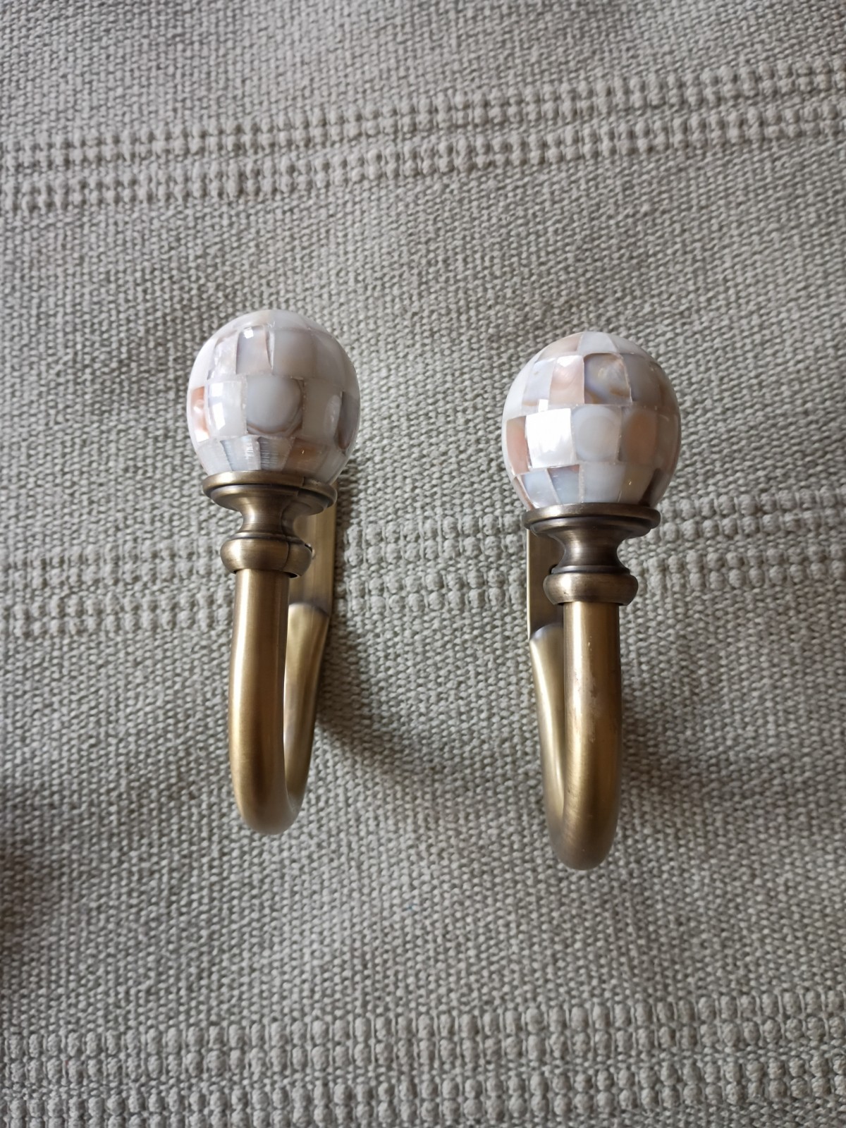 Pair Vtg Curtain Tiebacks Holdbacks Faux Mother of Pearl Aged Brass