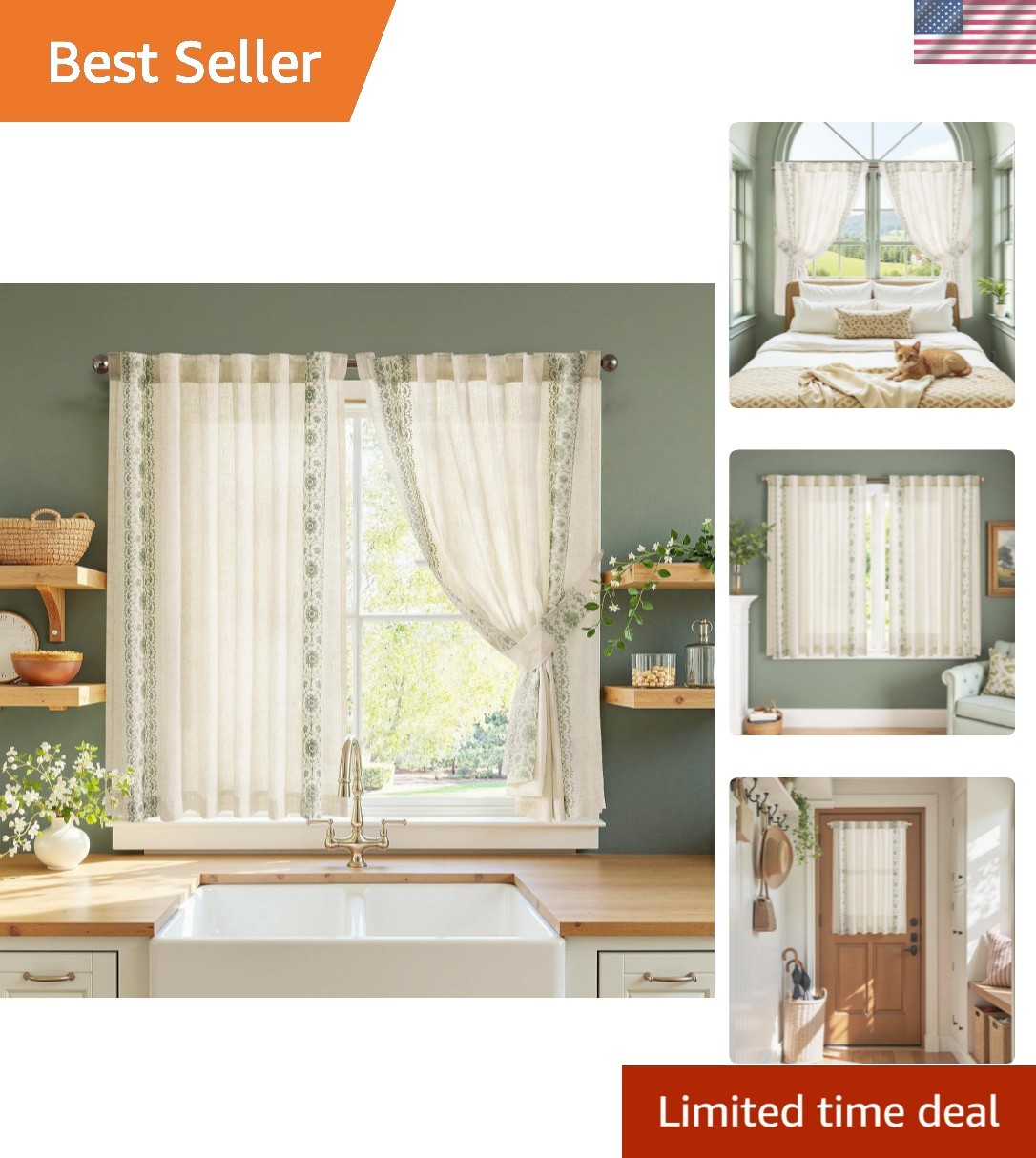Small Window Curtains 45 Inch Length Linen Cafe Curtains for Kitchen Bathroom…