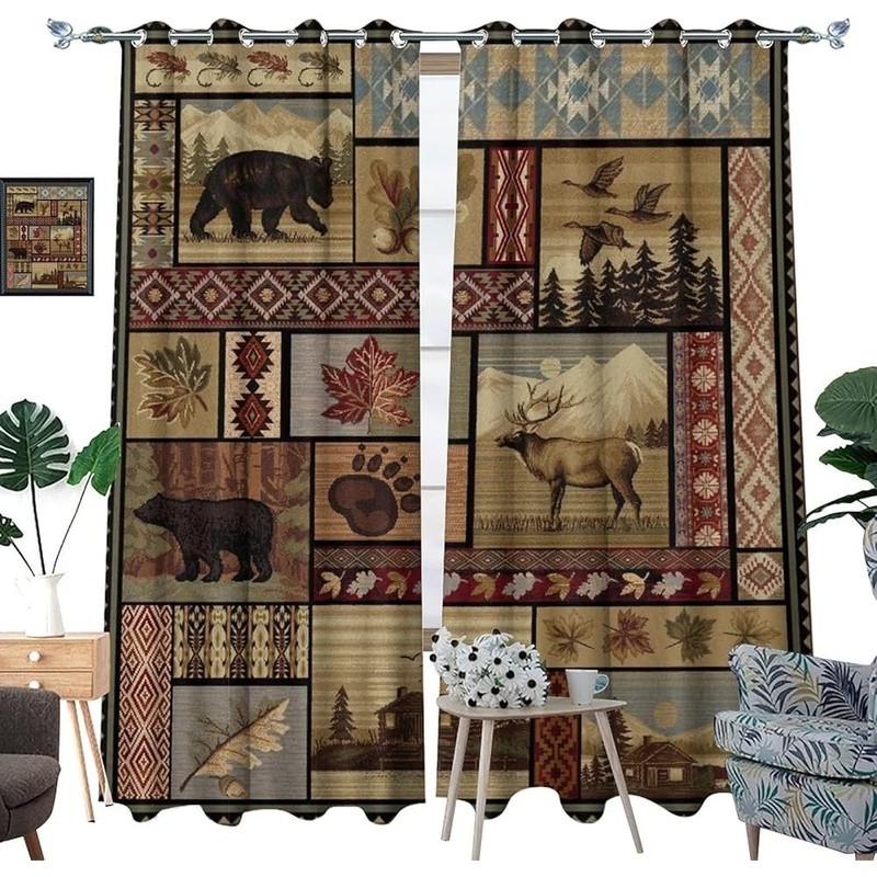 Blackout Curtains Grommet Panels Soft Polyester Deer Bear Print Room Darkening