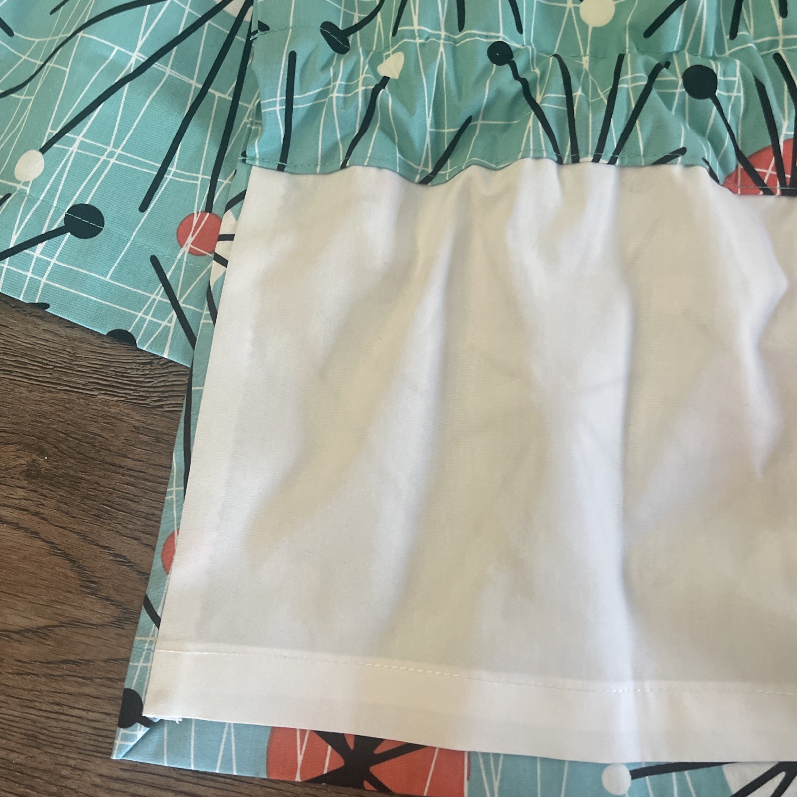 Retro MCM Atomic 6 Window Valance 42×12″ Aqua Peach Black Lined For 3 Windows.