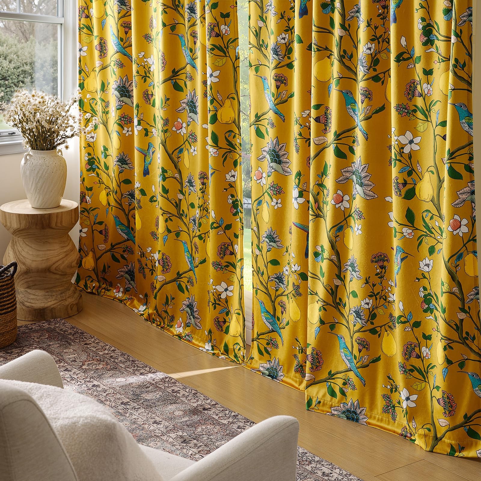 Mustard Yellow Luxury Velvet Floral Curtains 84 inches for Living Room,Vintag…