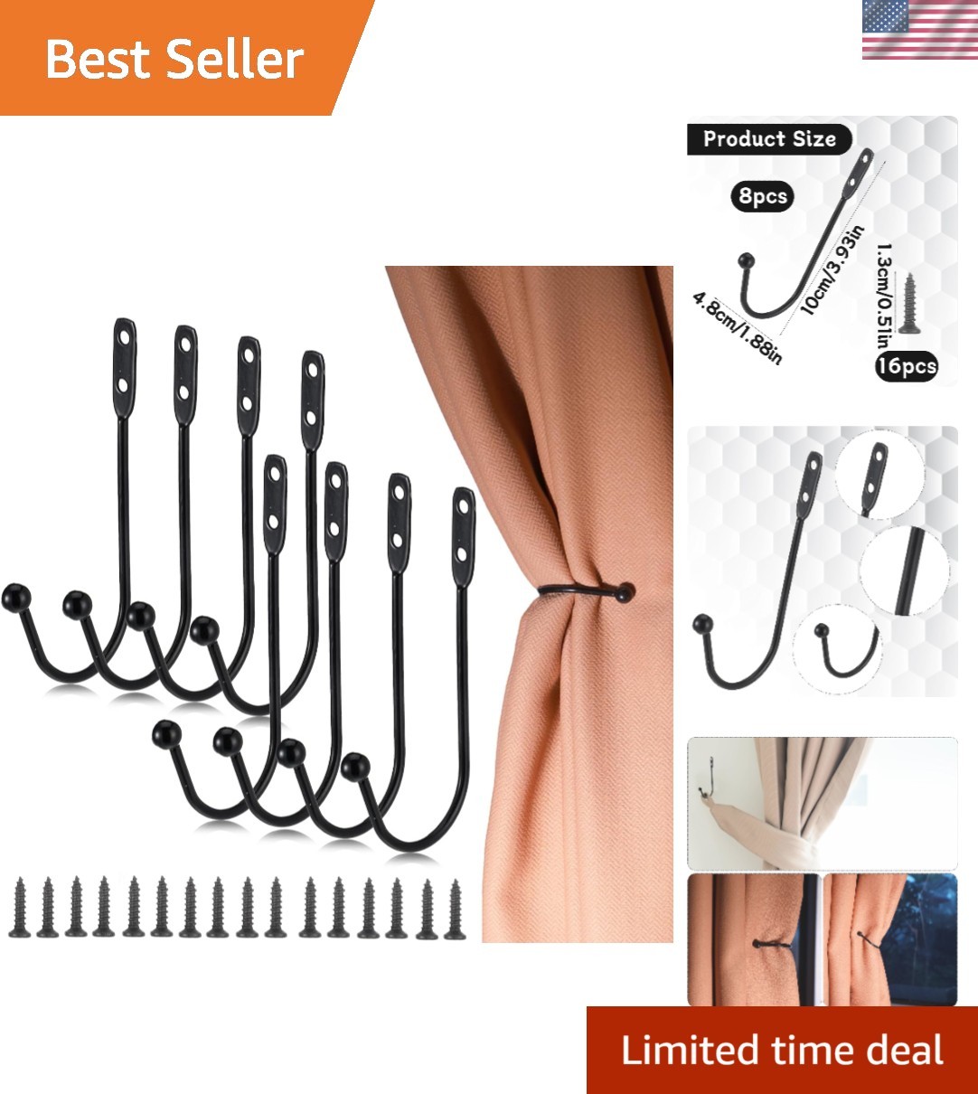 8 Pcs Black Metal Curtain Holdbacks Wall Mounted Tie Backs Hooks with Screws