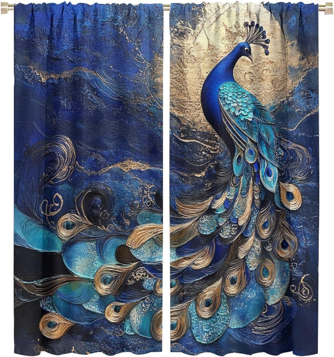 Glam Blue Peacock Blackout Curtains for Bedroom/Living Room, Abstract Gold Moon