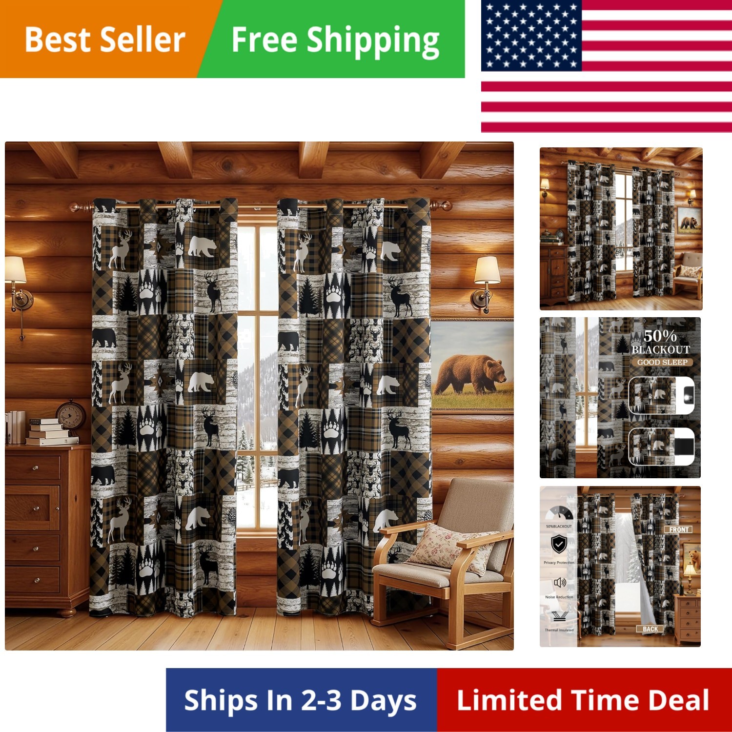 Brown Rustic Cabin Curtains 2 Panels Country Style Curtain 50% Light Blocking…