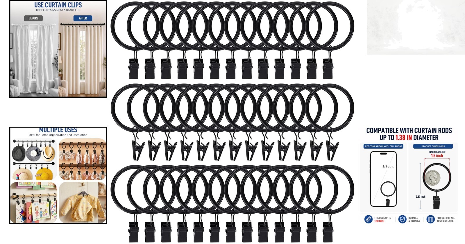Heavy-Duty 1.5″ Stainless Steel Curtain Rings with Clips – 44pcs in Matte Black