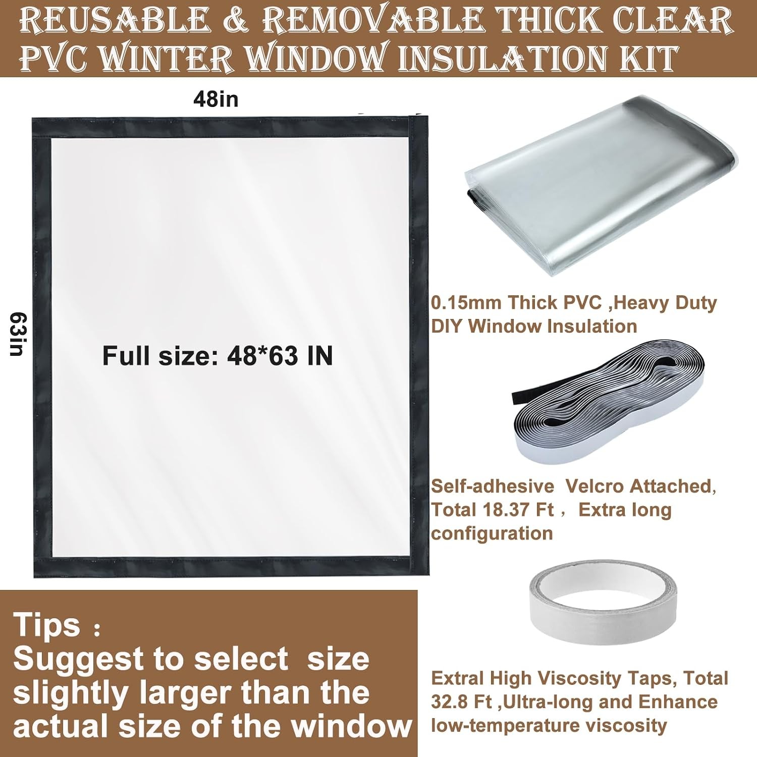 48” Adjustable Insulated Window Plastic Cover Winter Draft Stopper Sealer