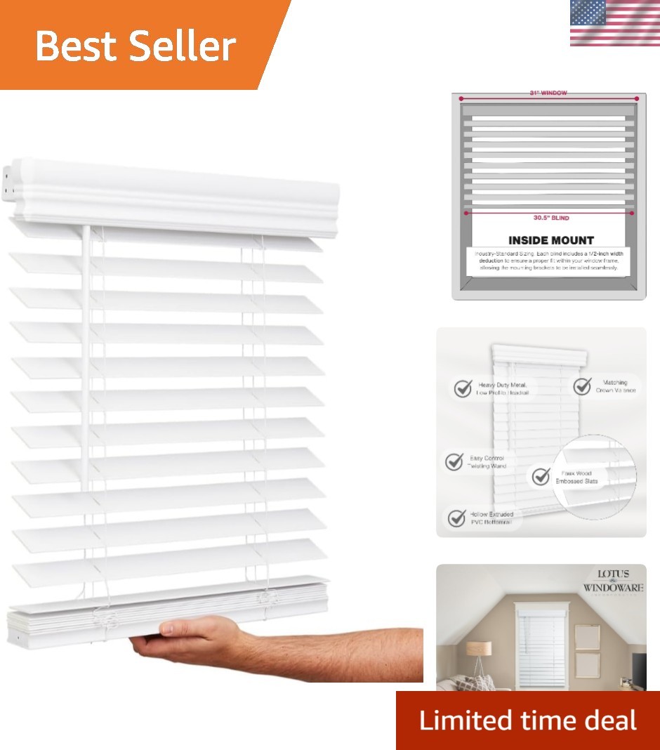 Durable 2-Inch Cordless Faux Wood Blinds 31″W x 36″H – Blackout Privacy Solution