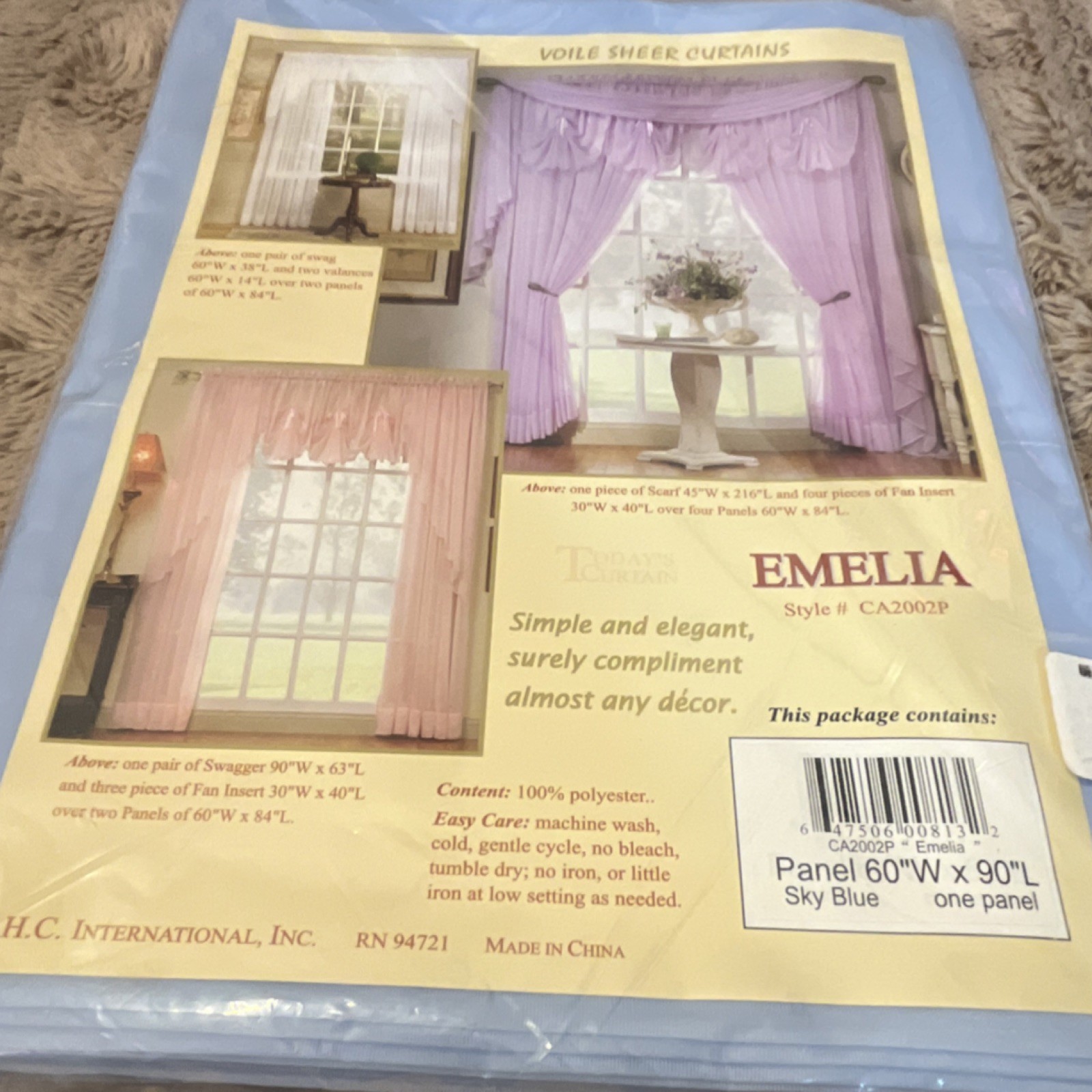 EMELIA Rod Pocket Panel Sheer Polyester Curtain 60x90in Sky Blue Solid