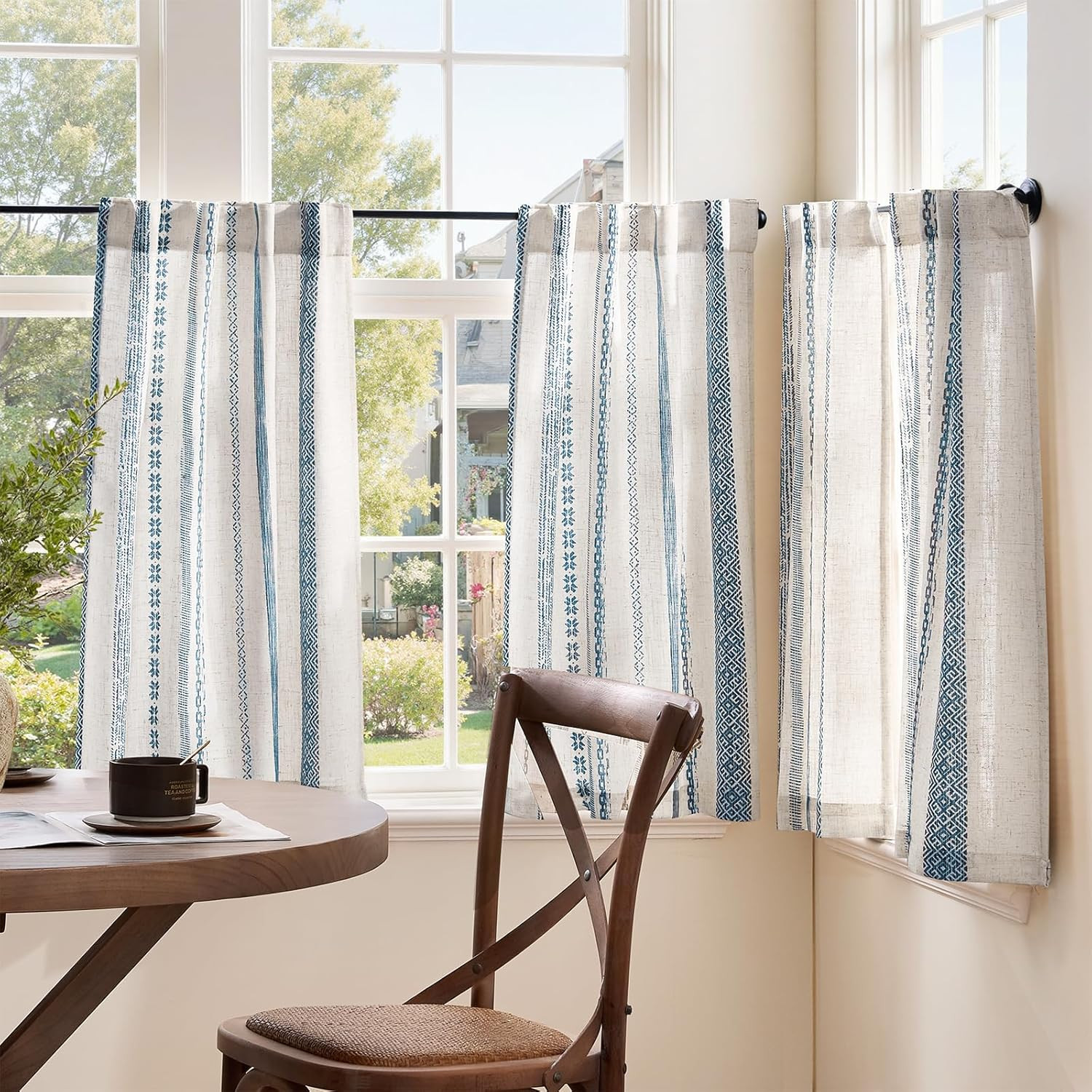 Boho Kitchen Curtains 36 Inch Linen Tier Curtains with Geometric Pattern Bohemia