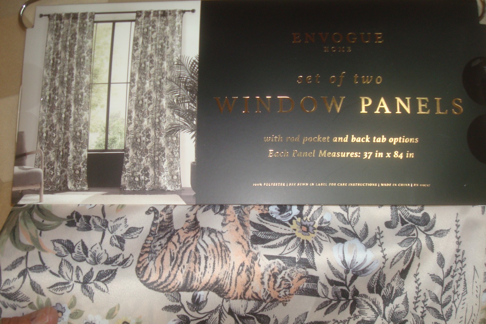 NWT Envogue 2 pc Window Curtains Asian Toile Jungle Tigers Birds ea 37″ x 84″ lg