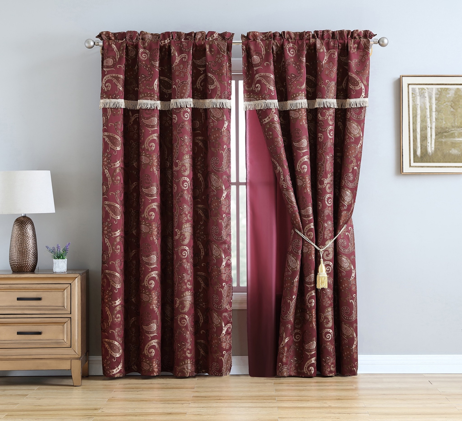 Chezmoi Collection Adelle 4-Piece Paisley Jacquard Embroidery Window Curtain Set