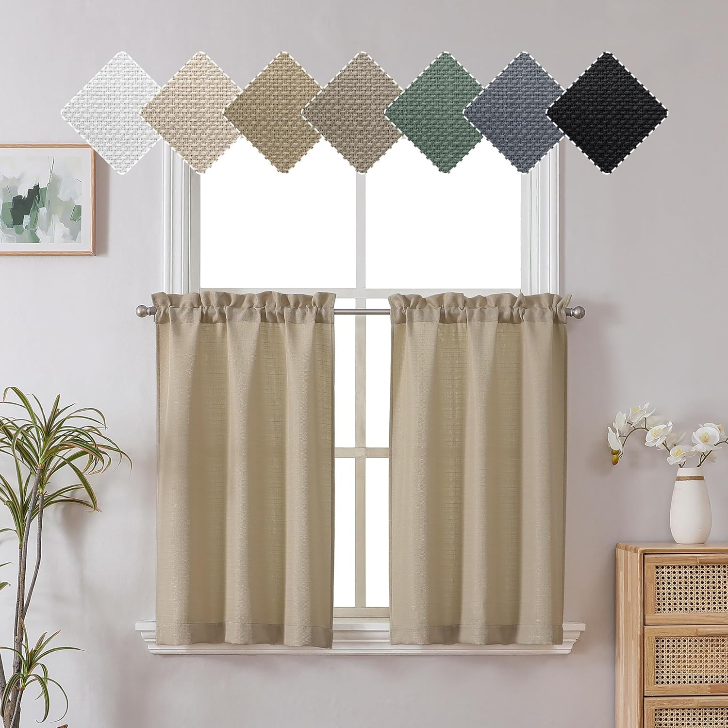 2 Panels Camel Kitchen Curtains 36 Inch Length Tier Curtains, Faux Linen Texture