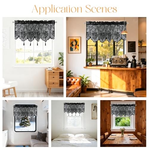 Sheer Lace Valance Curtains for Window 52″W x 18″L (Pack of 1) Black – Tassels