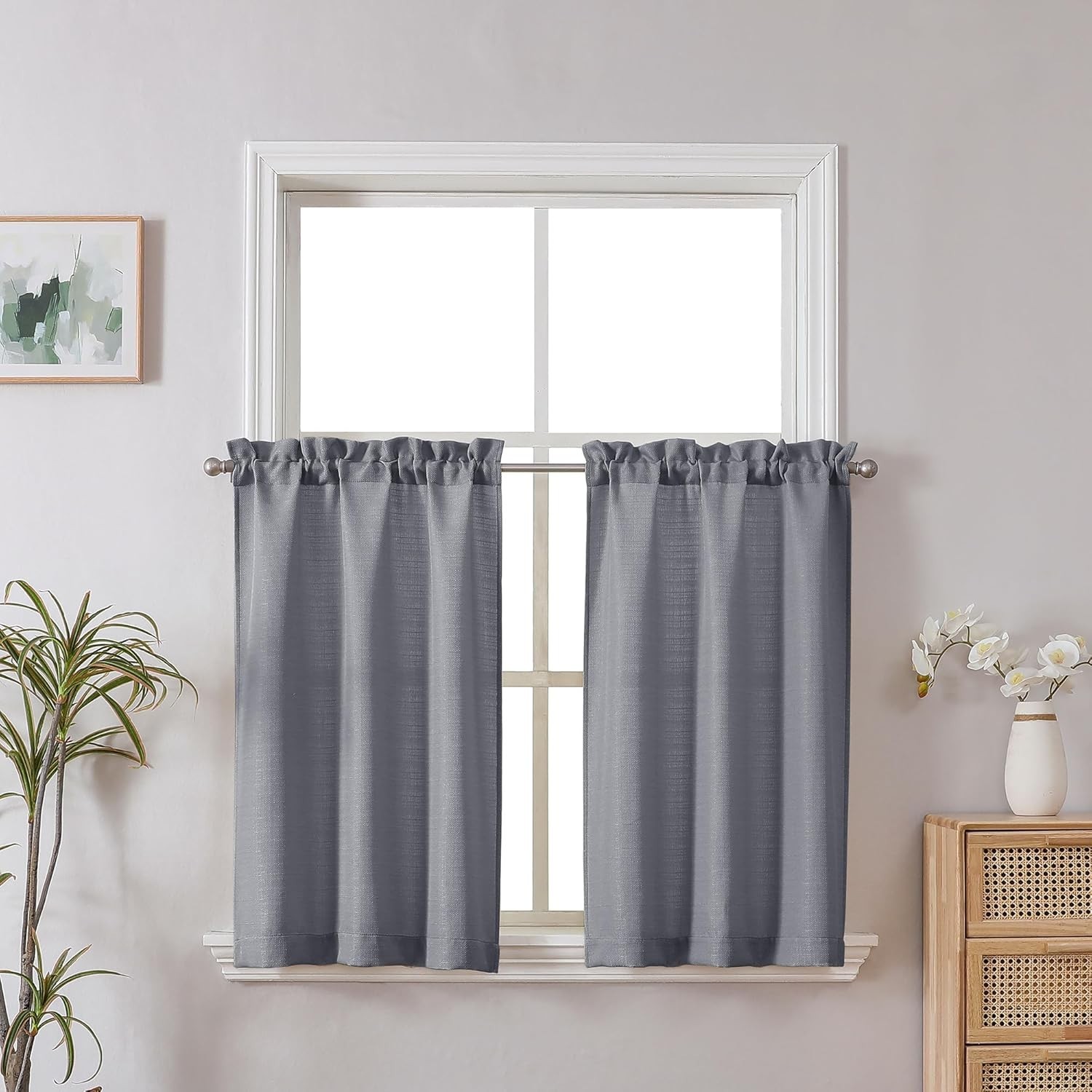 2 Panels Dark Grey Kitchen Curtains, 30″W x 24″L Pack of 2, Light Filtering, …