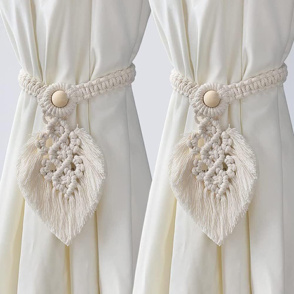 2Pcs Macrame Leaf Tassel Curtain Tie Backs Holdbacks Tie Rope Home Window Decor