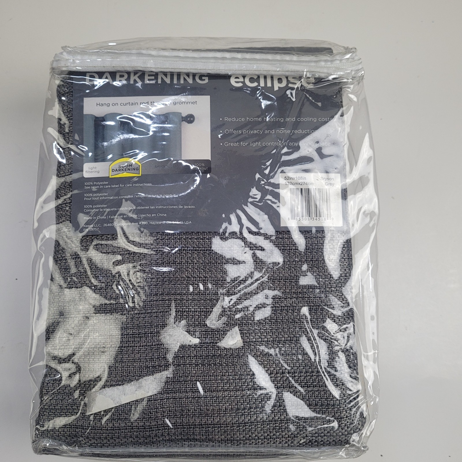 NEW Eclipse Light Filtering 52 x 108 One Grommet curtain panel ‘Grey’ #CT18