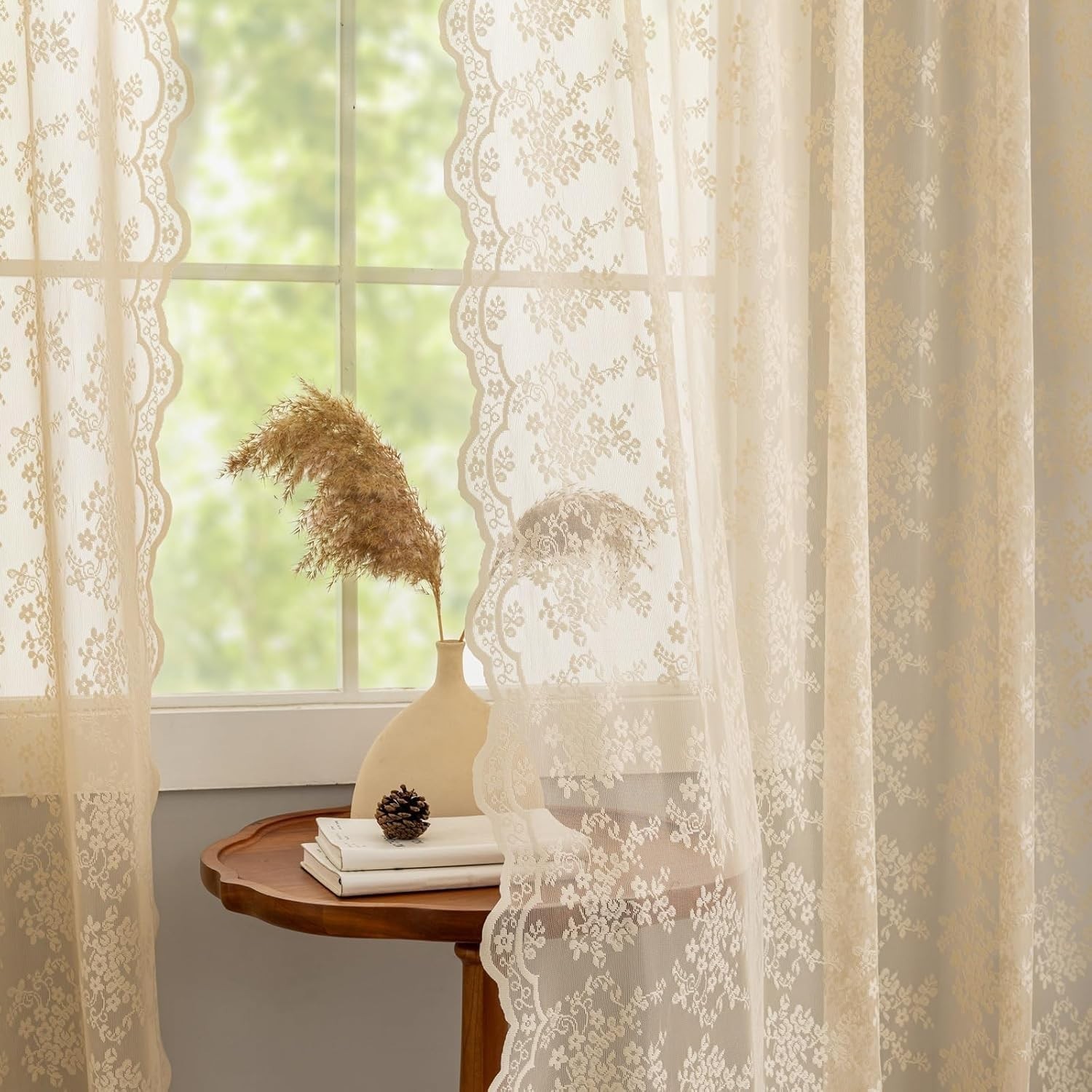 Vintage Lace Sheer Curtains Floral Branch Rod Pocket 52×84 Inch Ivory for French