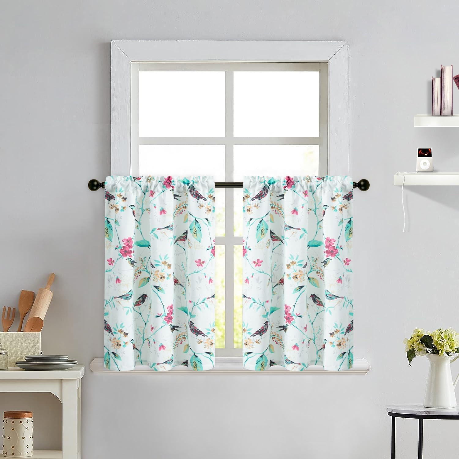 Bird Pattern Cafe Tier Curtains & Drapes Set for Small Windows