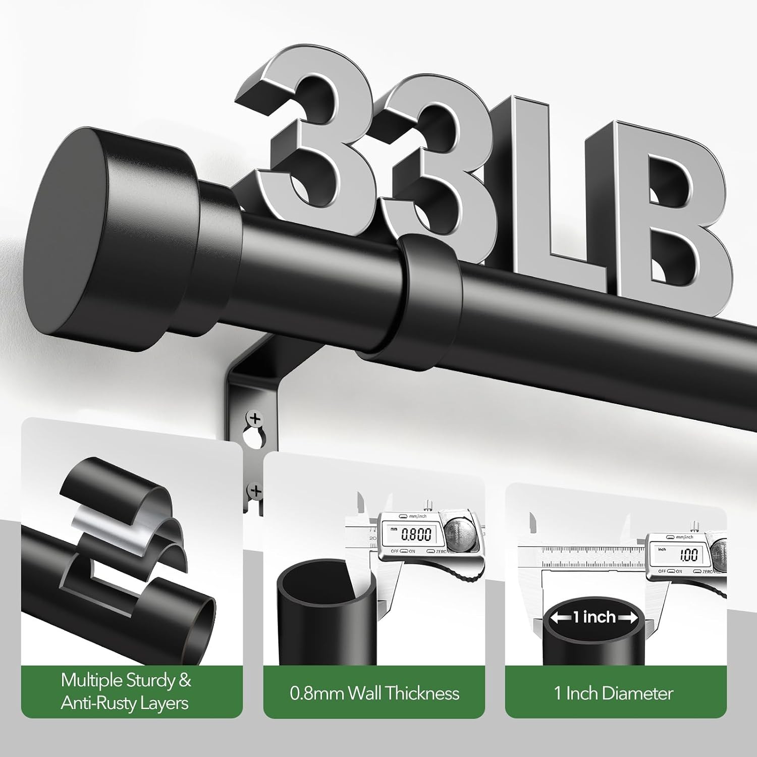 Black Curtain Rods for Windows 32 to 120 Inch (2.6-10 Feet), 1 Inch Diameter
