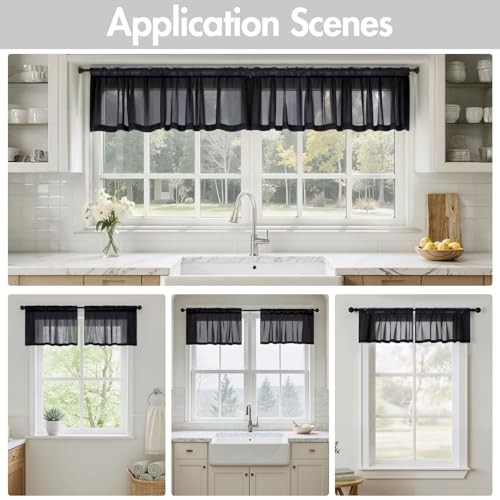 Valance for Windows, 4 Panels Set, Light 42″W x 14″L (Pack of 4) Black