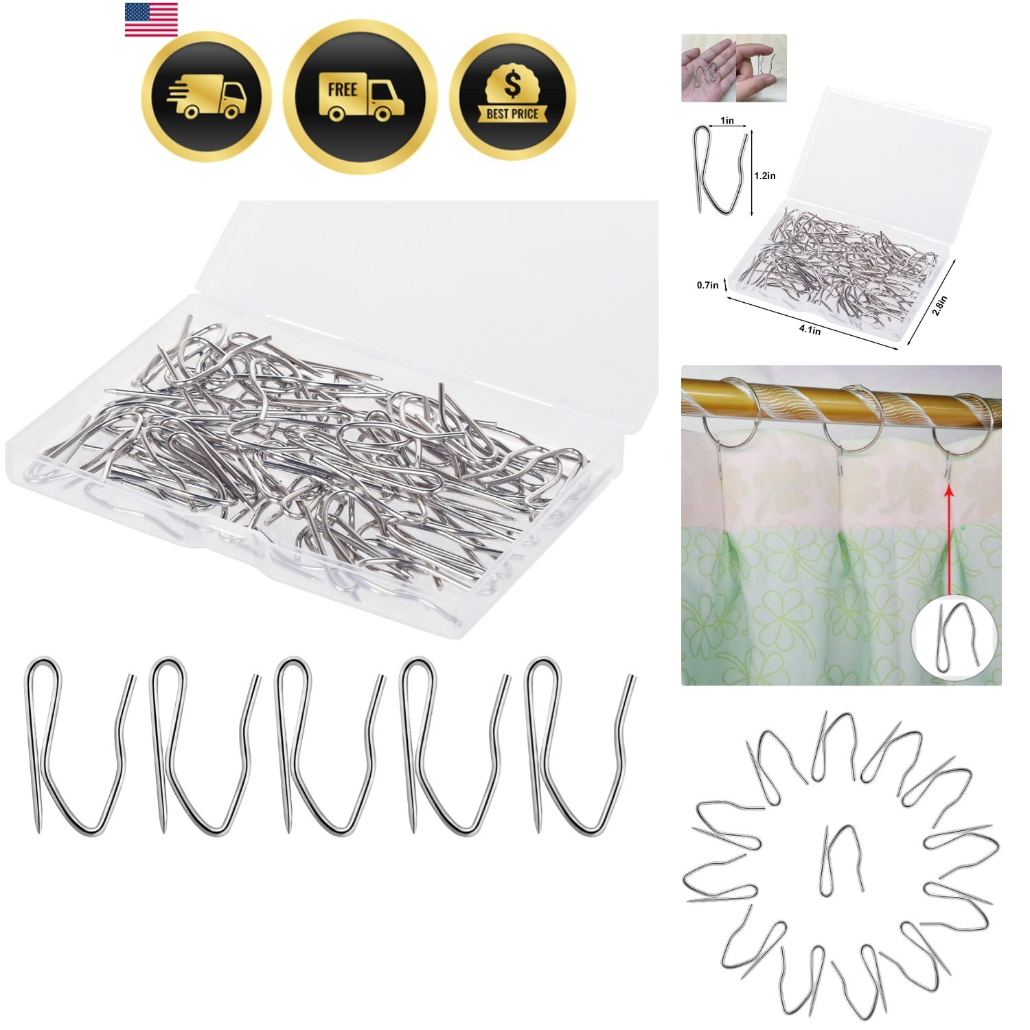 58 Pcs Rustproof Curtain Hooks – 1.2 inches Stainless Steel Nickel-Plated Off…