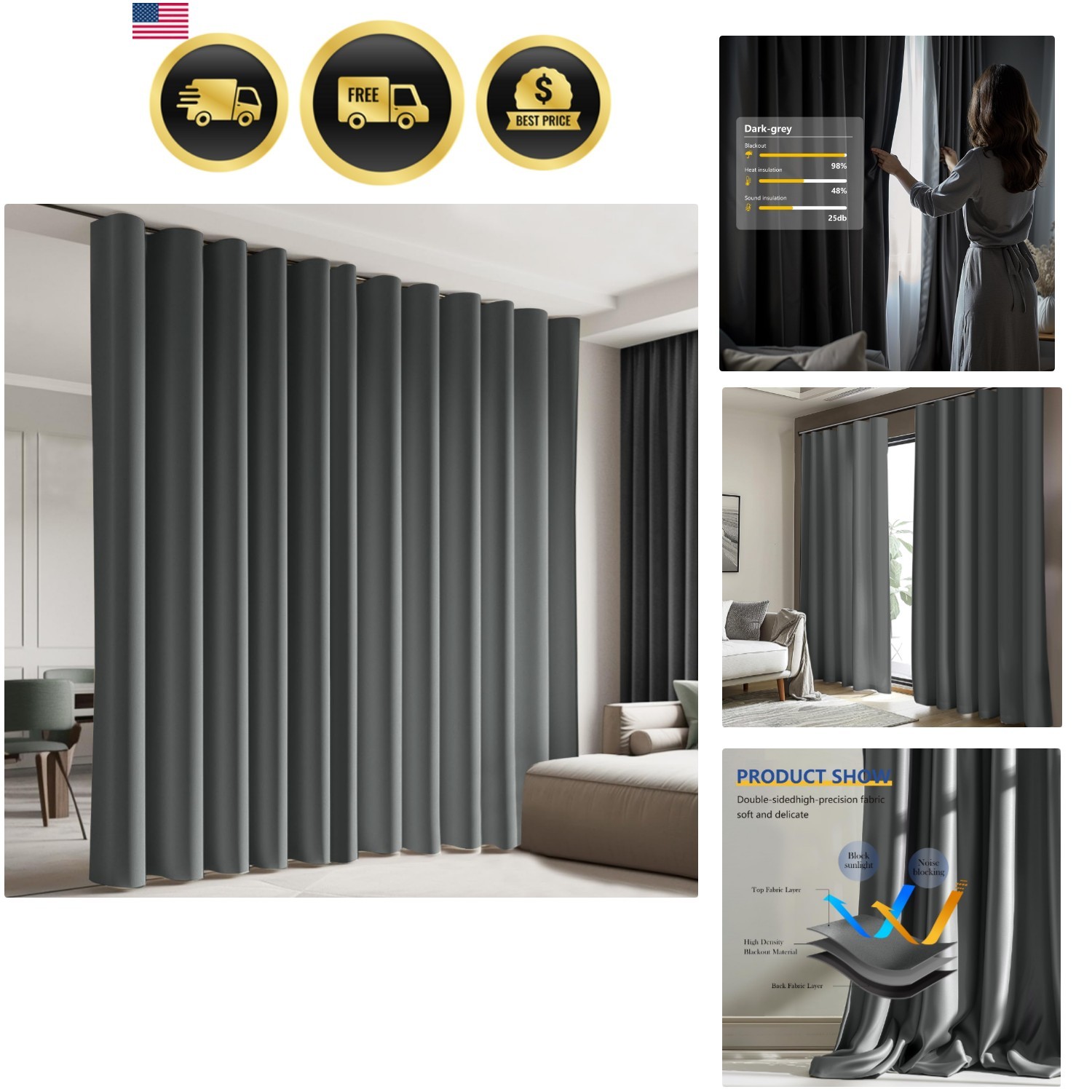 Blackout Room Divider Curtain 180×96 Insulated Privacy Curtains for Patio