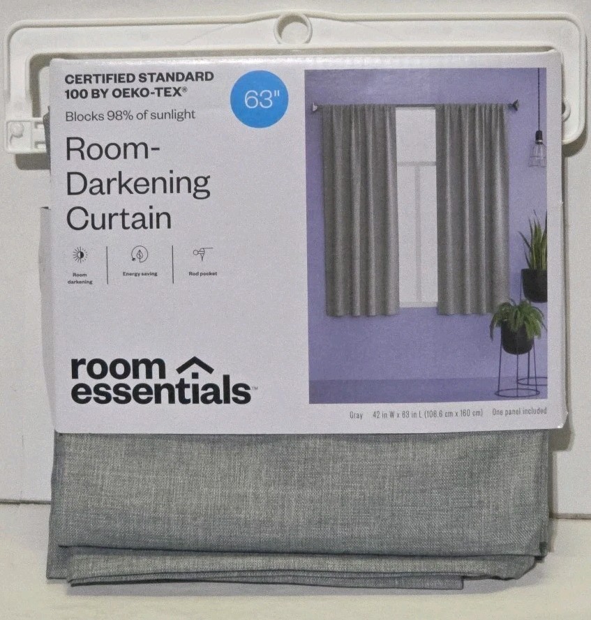 Room Essentials Room Darkening Heathered Gray Single Curtain Panel 42″ x 63″ NEW