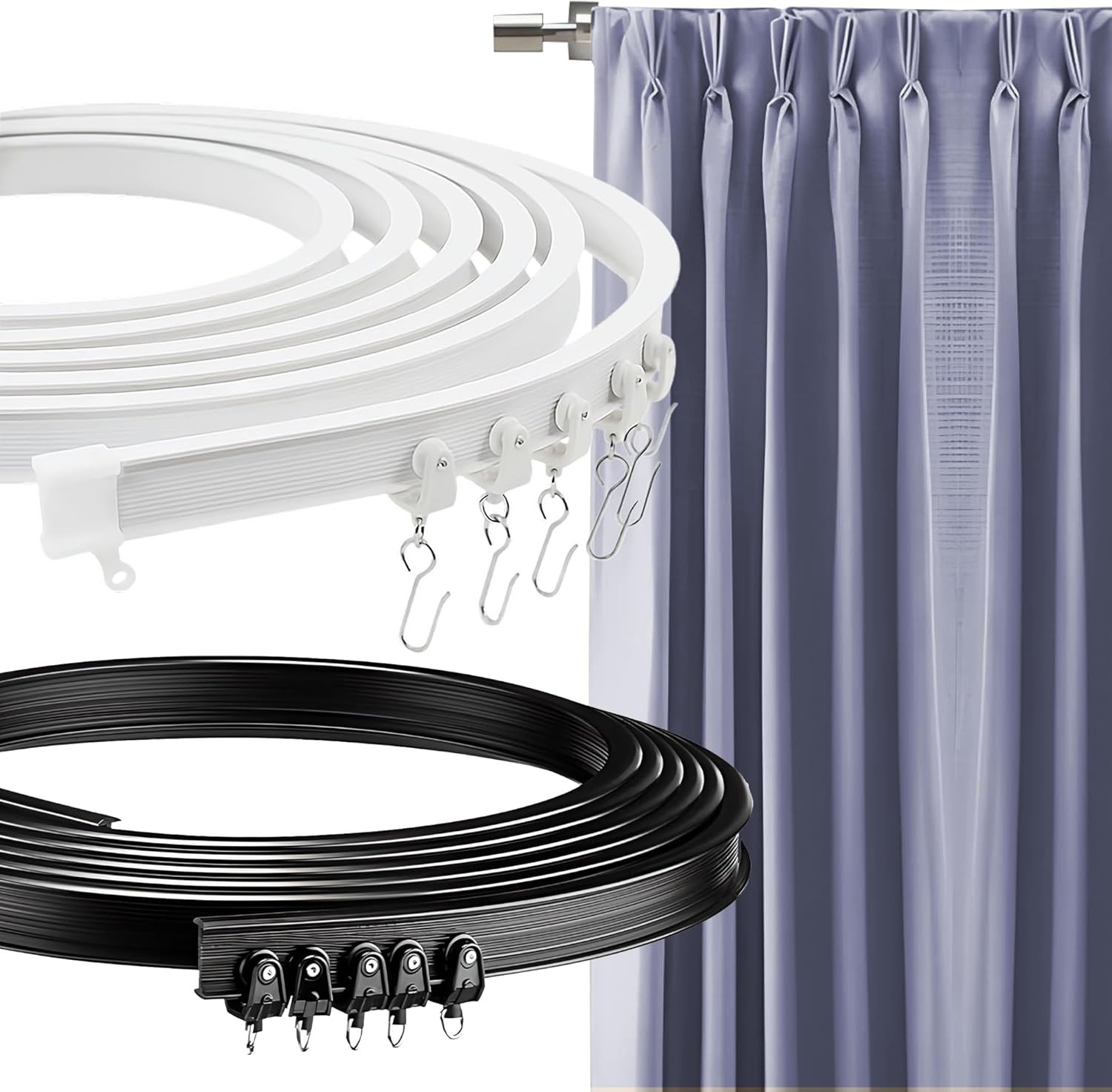Flexible Bendable Ceiling Curtain Track, 16.4FT Black & White Bundle, Ceiling Mo