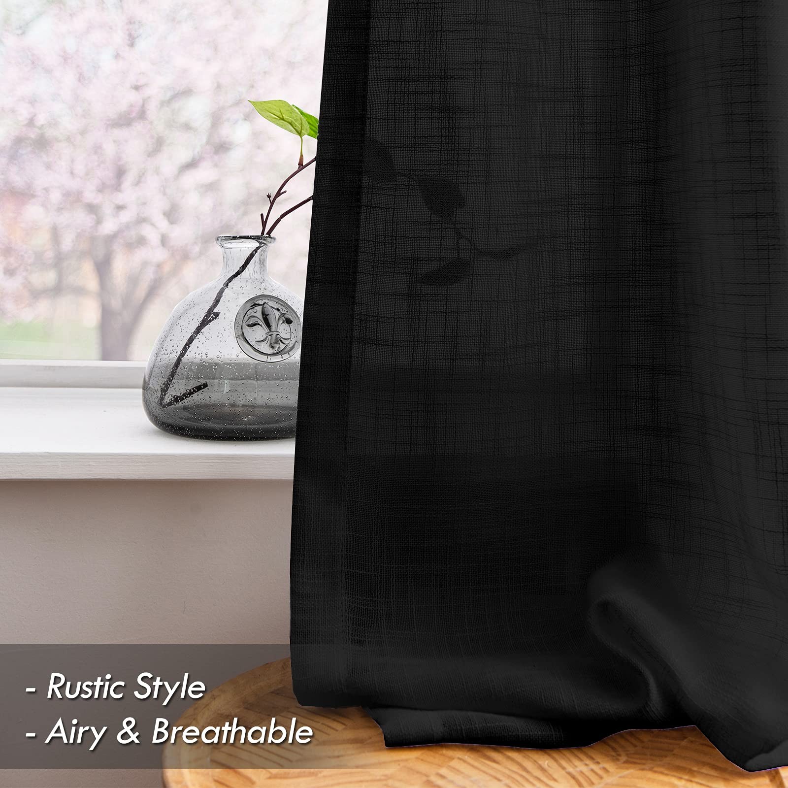 Melodieux Black Linen Textured Semi Sheer Curtains 63 Inch Length For Bedroom