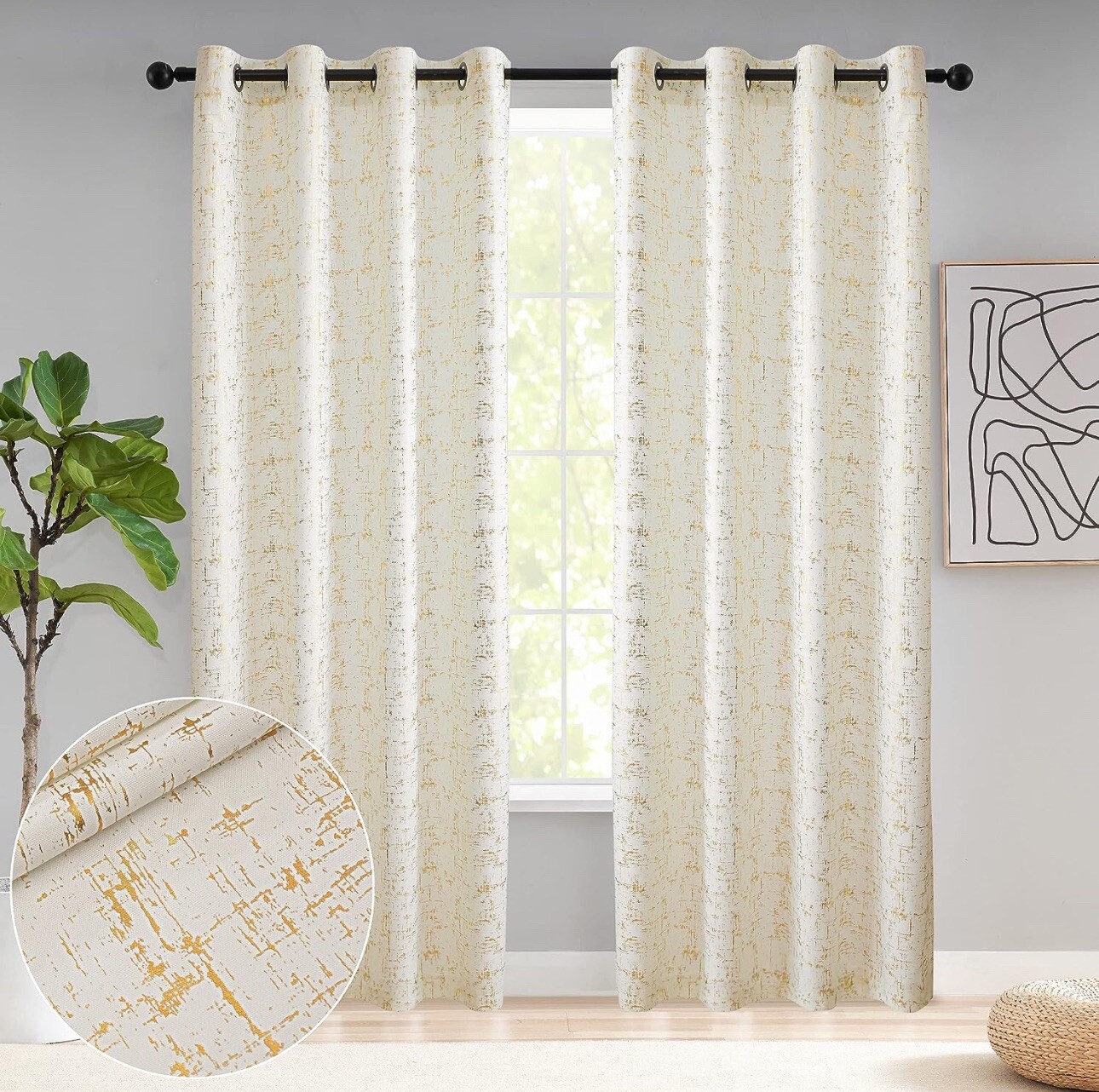 2 Gold Foil Print Linen Textured Geometric Pattern Panels 108” Length Off White