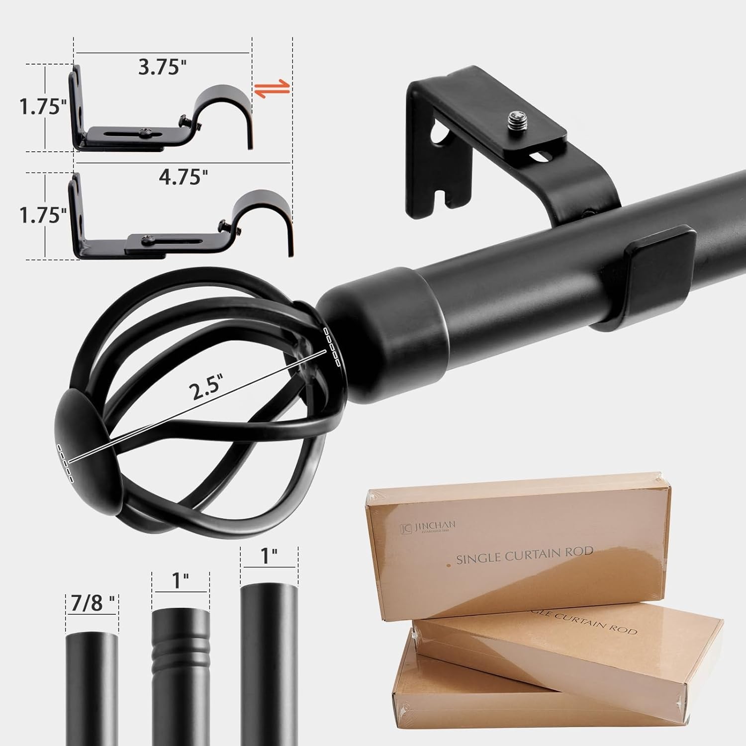 Black Curtain Rods 1 Inch Diameter Heavy Duty Adjustable 72-144″ for Windows