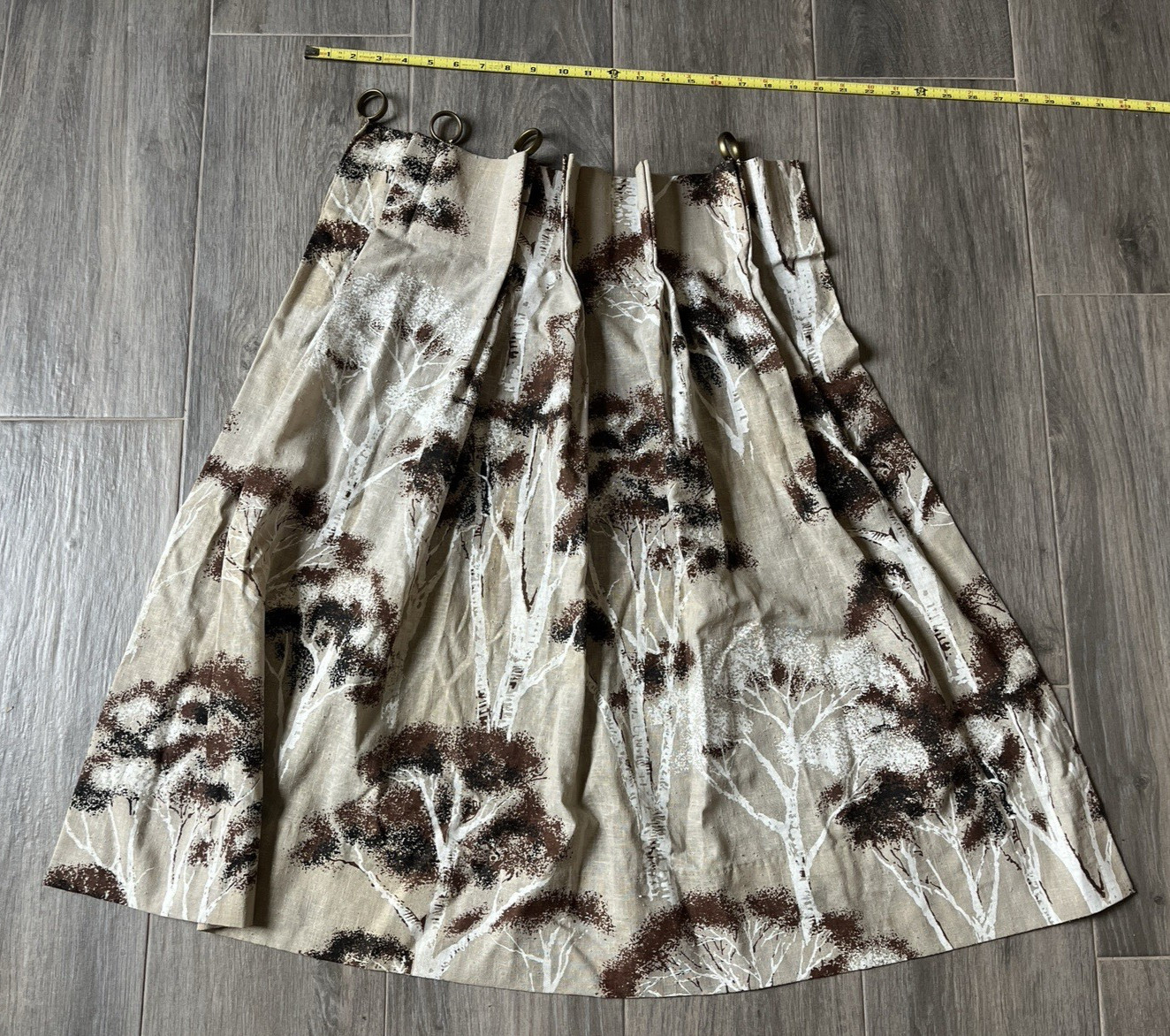 Vintage 1970s Tan Brown Trees Curtains Pinch Pleat 2 widths 19″ & 38″ – 30″ L