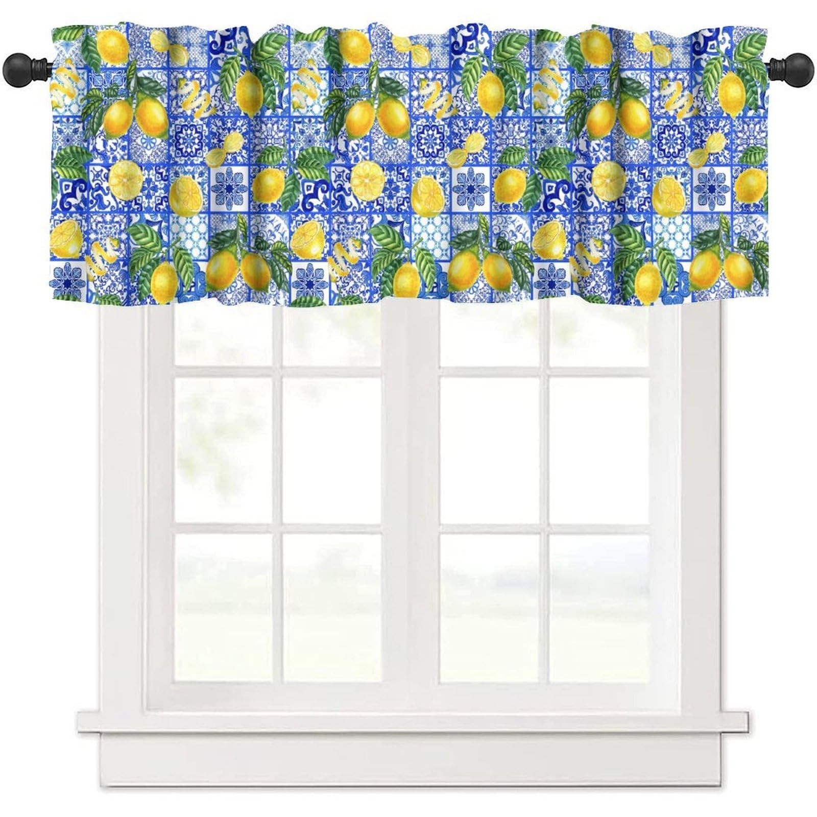 Lemon Valances Curtain, Curlicue Leaves Blue Majolica Tiles Yellow Lemons Win…
