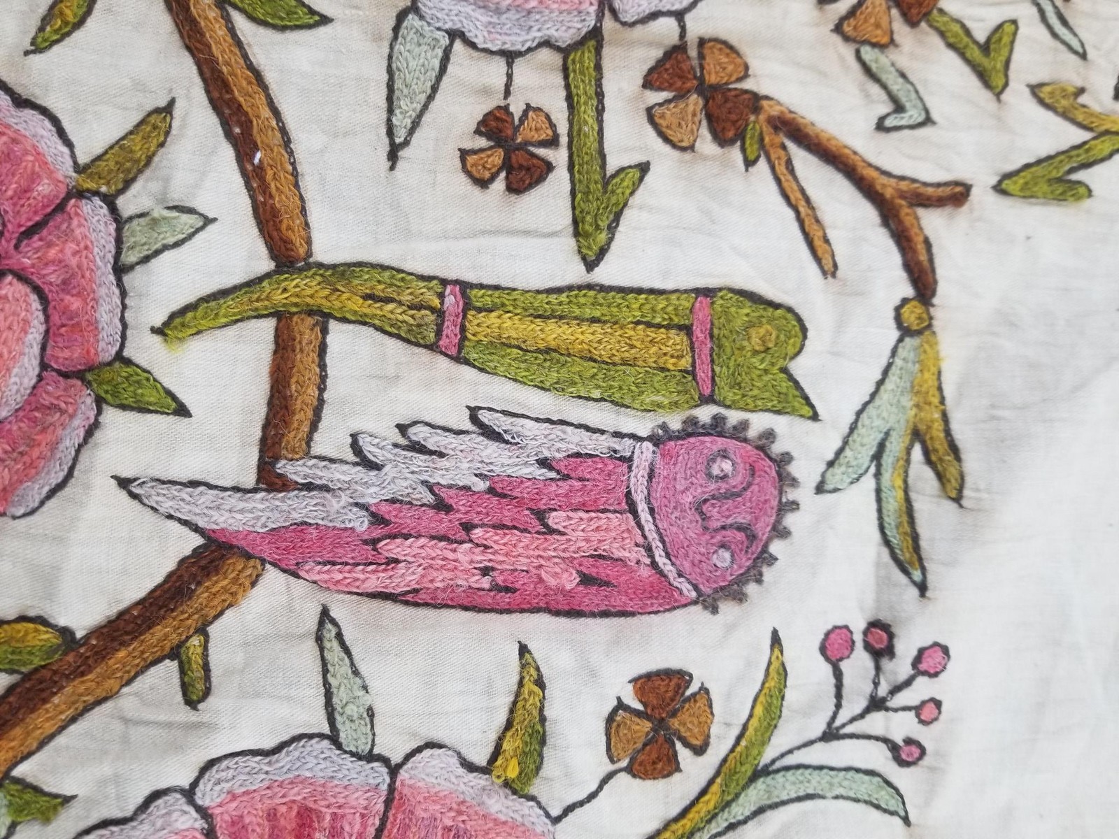 Antique Central Asian Uzbek Hand Embroidered Floral & Bird Curtain Panel 82x44in