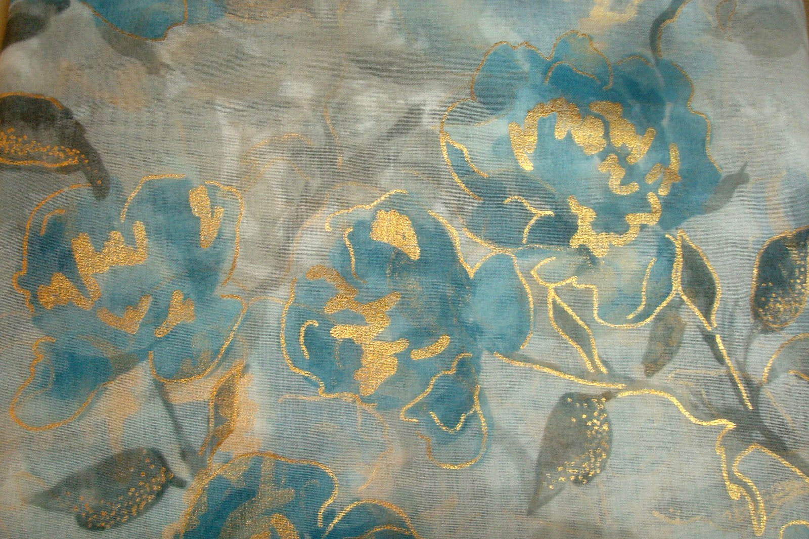 NWT Laura Ashley 4 pc Curtains Metallic Floral Sheer Aqua Gold each 38 x 96″ lg