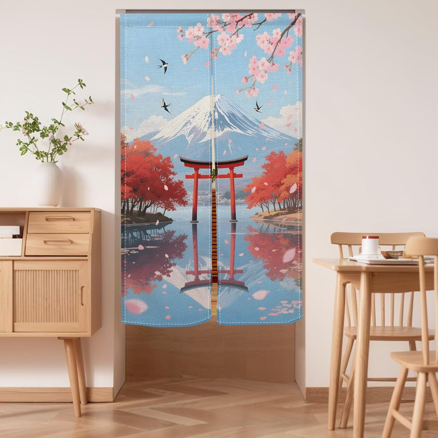 Japanese Doorway Curtain Noren Cherry Blossom Mountain Fuji Printing Door Tapest