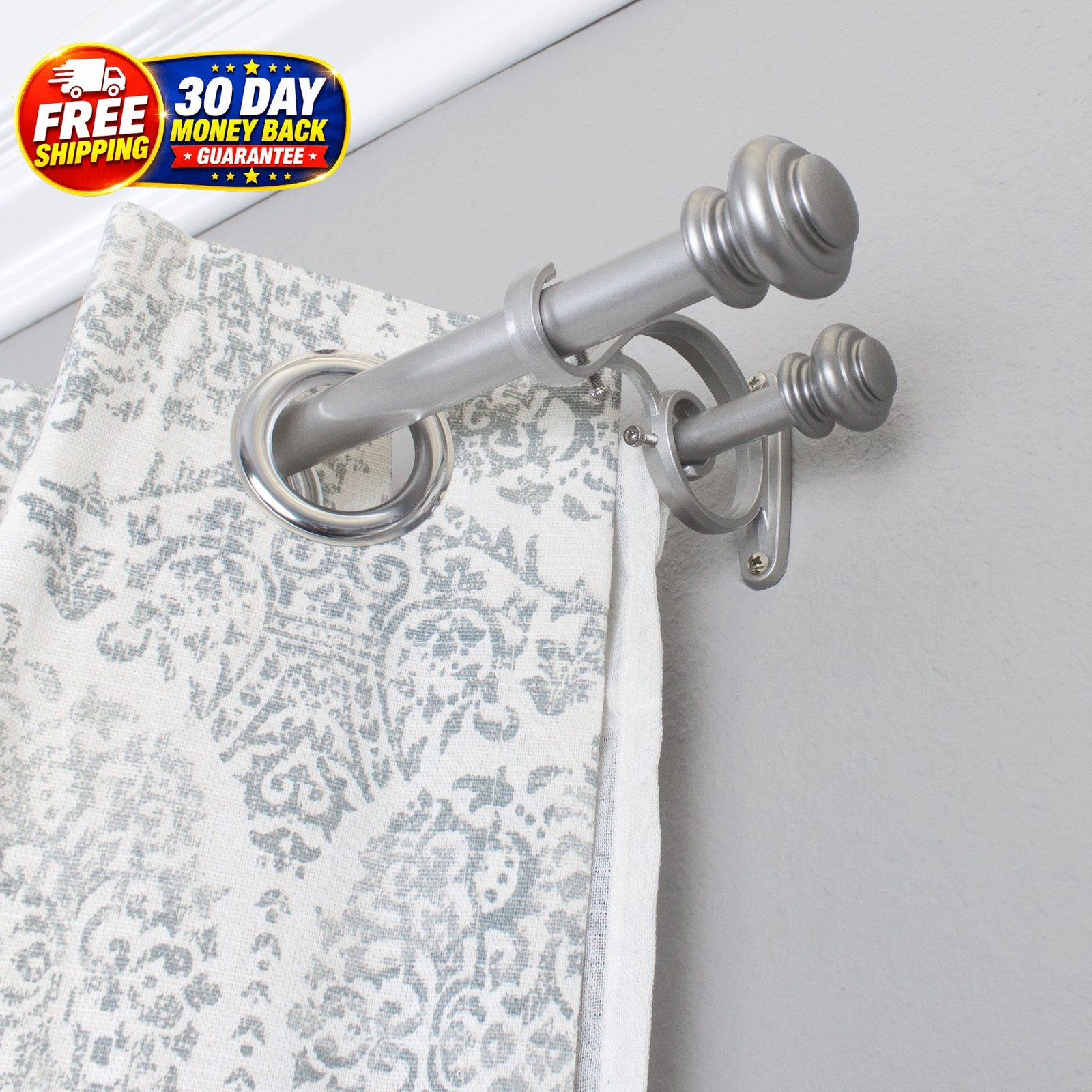 Urn Telescoping Double Drapery Rod 36-72 inches, Antique Silver