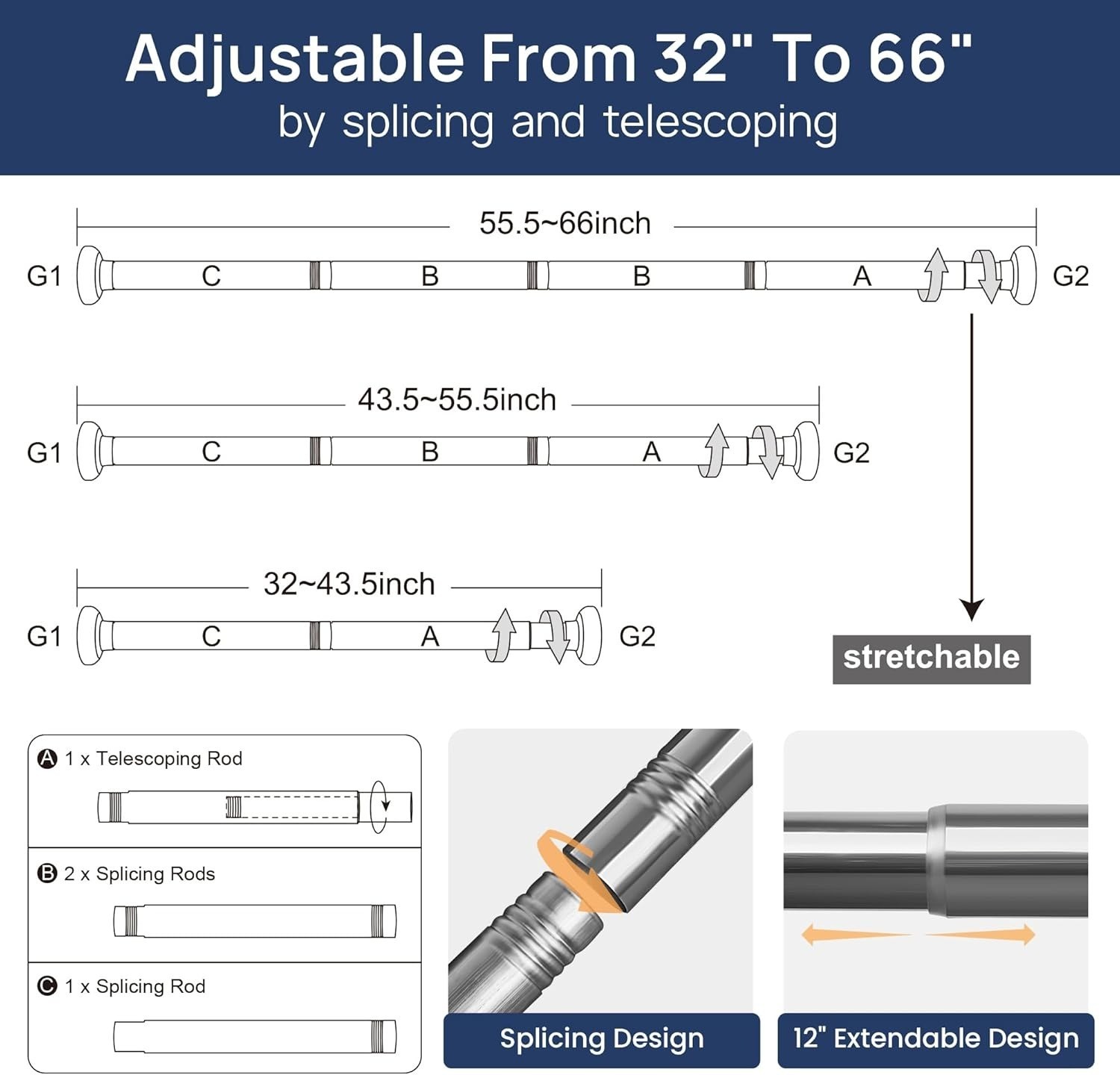 ENJOYBASICS 2 Pack Adjustable Spring Tension Curtain Rods 32 to 66 in, Chrome