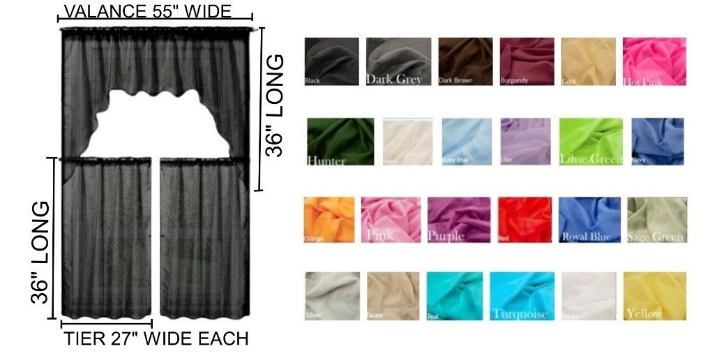 3PC K66 SHEER VOILE ROD POCKET SOLID DESIGN WINDOW KITCHEN CURTAIN SET