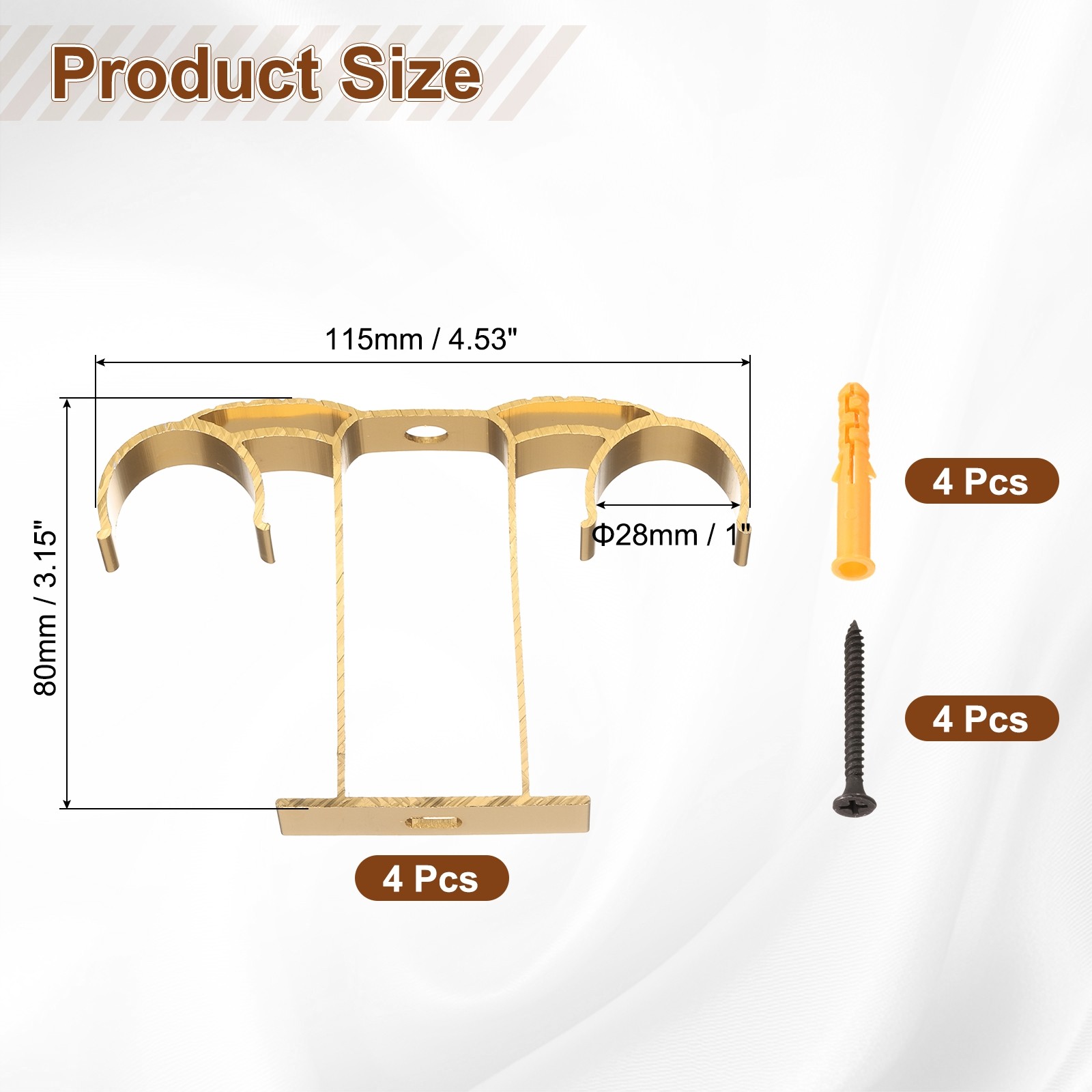 4Pcs Ceiling Curtain Rod Holder Double Drapery Bracket for 1″ Rod Bright Gold