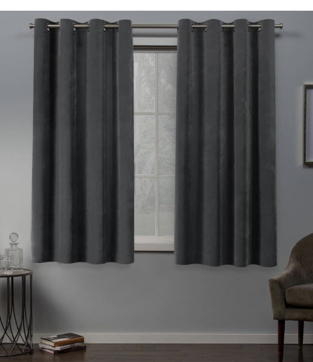 NEW Exclusive Home Grey Velvet Grommet Curtain Panel Pair 54×63 Heavyweight