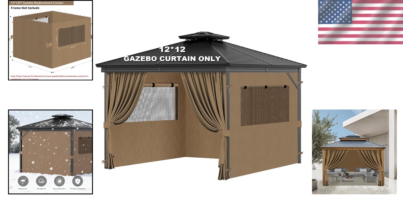 Transform Your Outdoor Space with 12×12 FT Waterproof Gazebo Curtains in Khaki