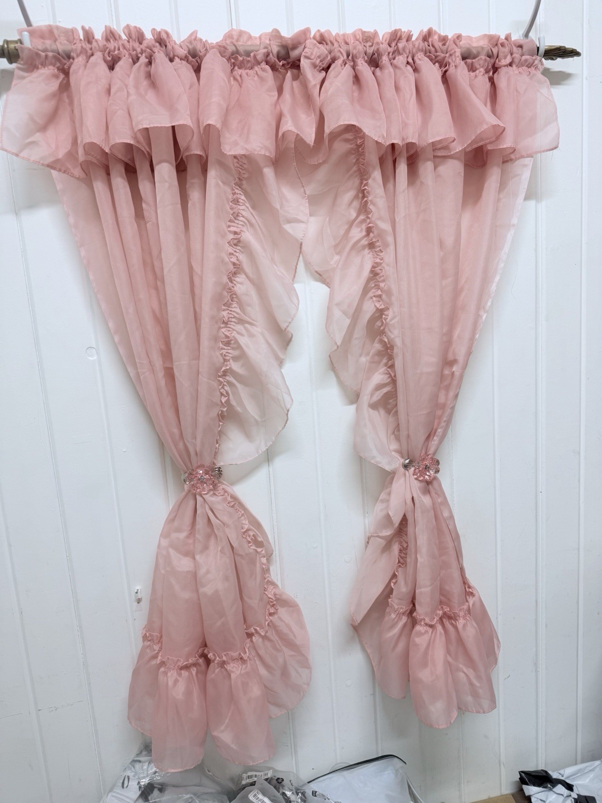 Vintage Pink Curtains Panels – Ruffles Rare Light Sheer 2 Panels Without Ties