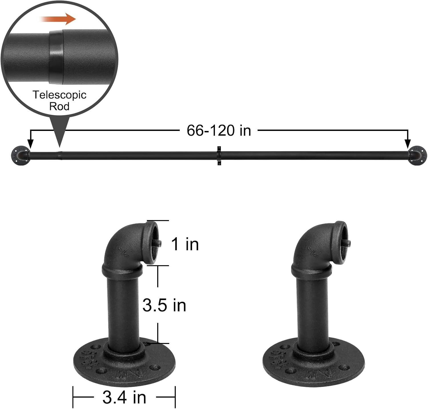 Curtain Rods for Windows 66 to 120 Inch, 1″ Black Industrial Wrap
