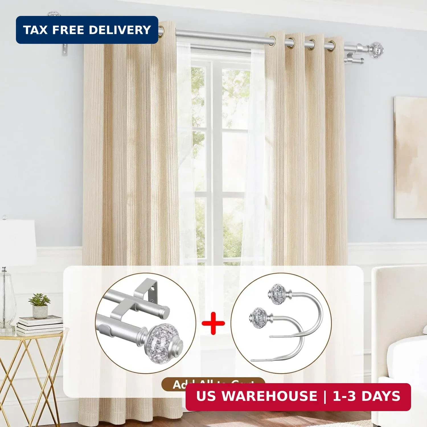 1 Inch Double Curtain Rods 72 to 144 Inches (6 to 12 ft), USFOOK Silver Drapery