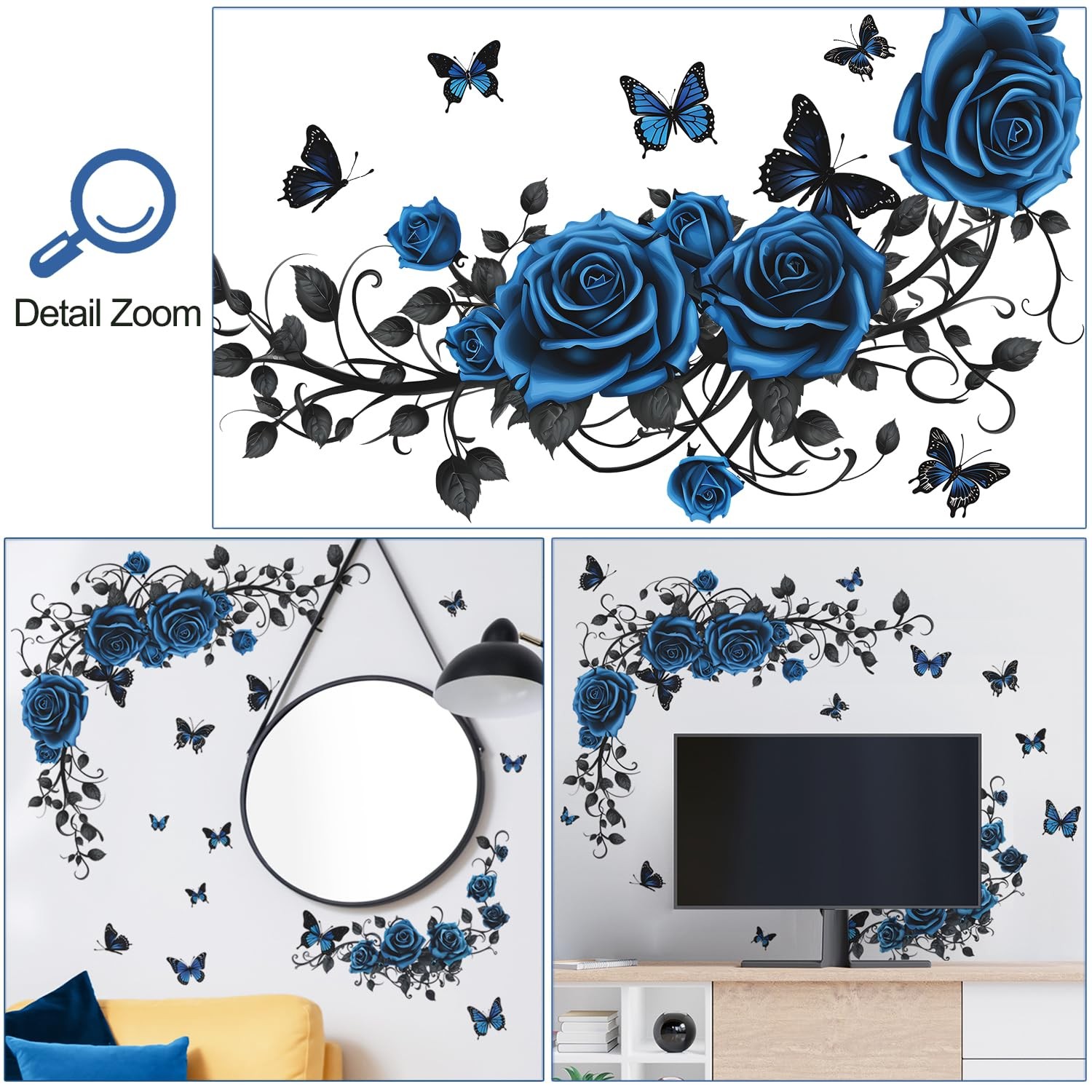 Removable Blue Floral Rose Wall Decor 3D Peel and Stick Flower Vine