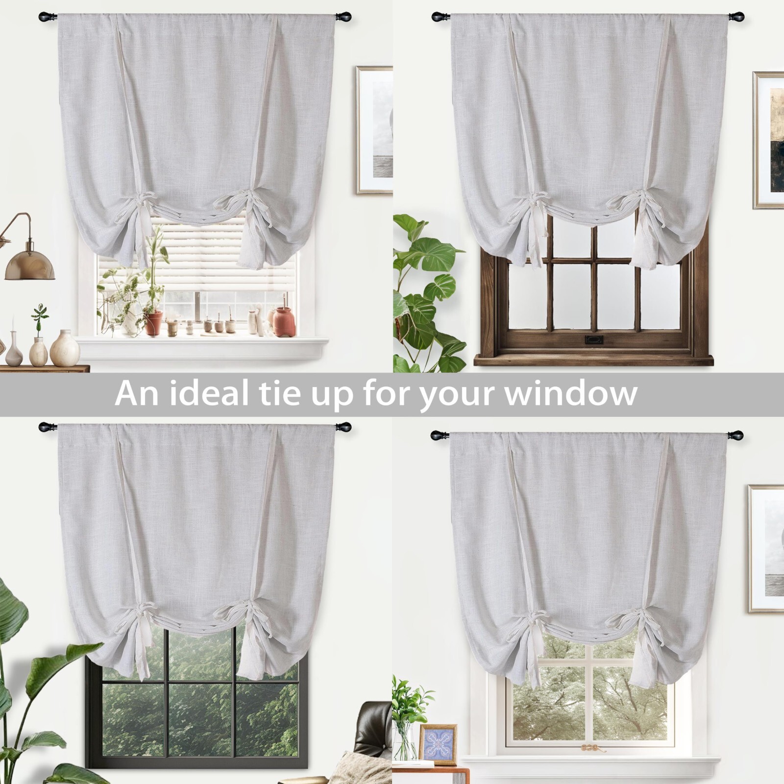 Linen Tie Up Shade Window Curtain Drape Ivory Rod Pocket for Kitchen Living Room